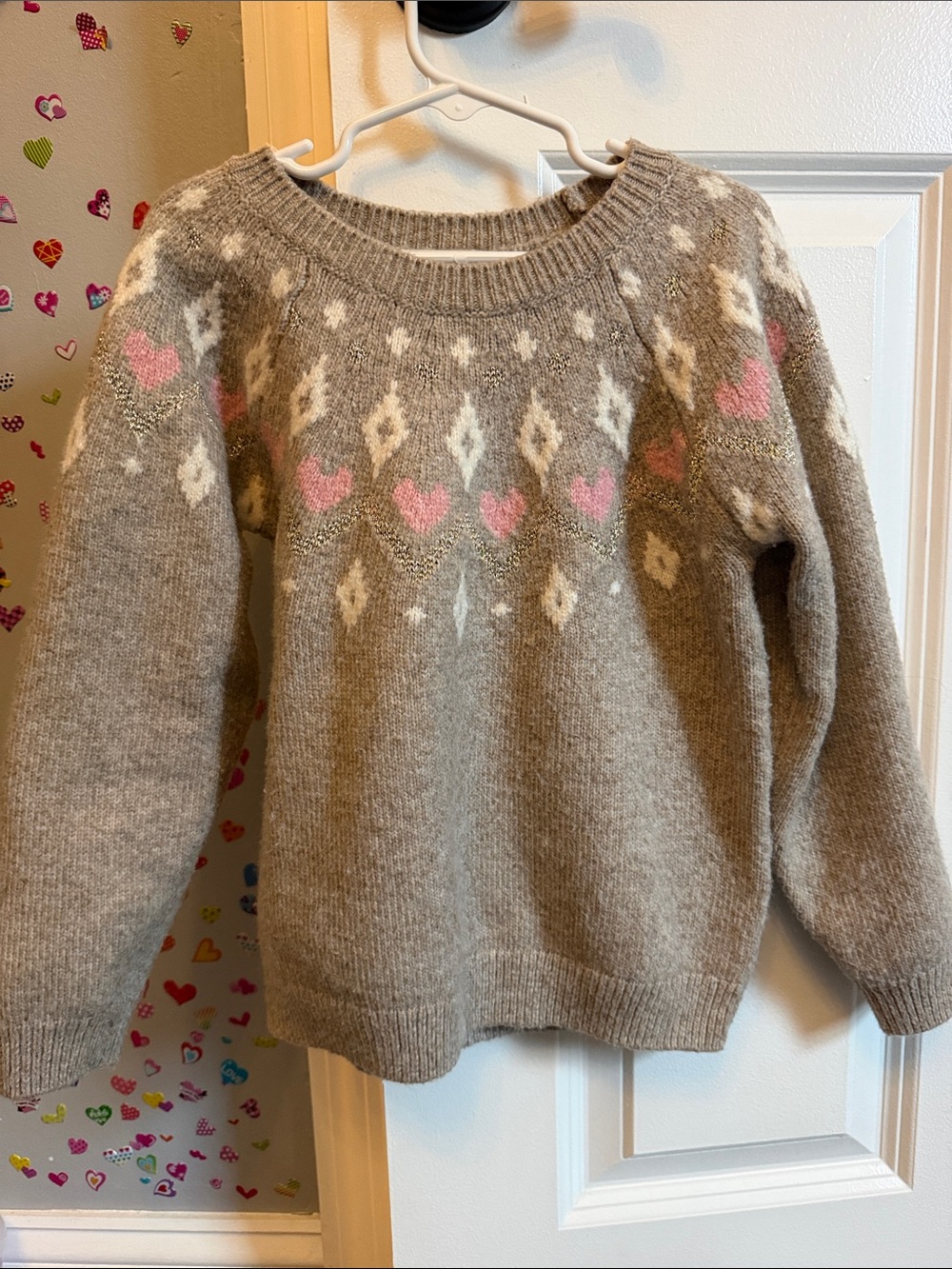 H&M Taupe Fair Isle Sweater with Pink Hearts